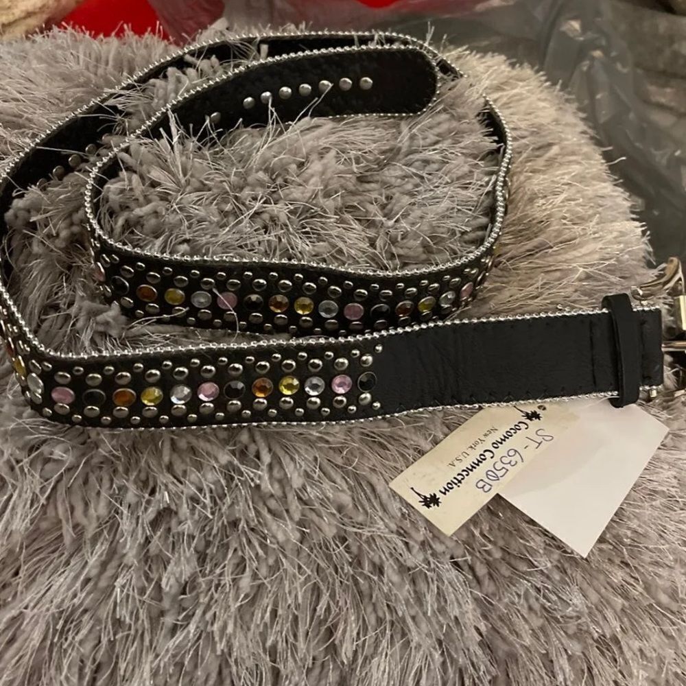 Xl handmade black leather rainbow multi color jewel/gem/crystal accent belt